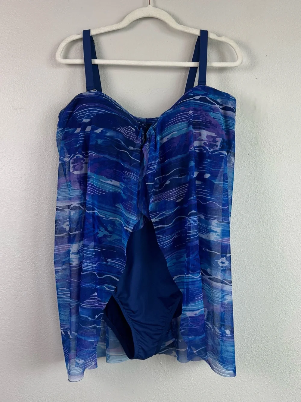 Lauren Ralph Lauren Women’s Sz 20W One Piece Swimsuit Mesh Overlay Blue Coastal